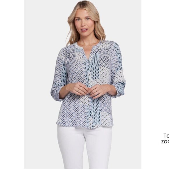 NYDJ NEW Pintuck Blouse Flowy Print Patchwork Top Split Round Neck Minimalist 1X - Picture 16 of 16